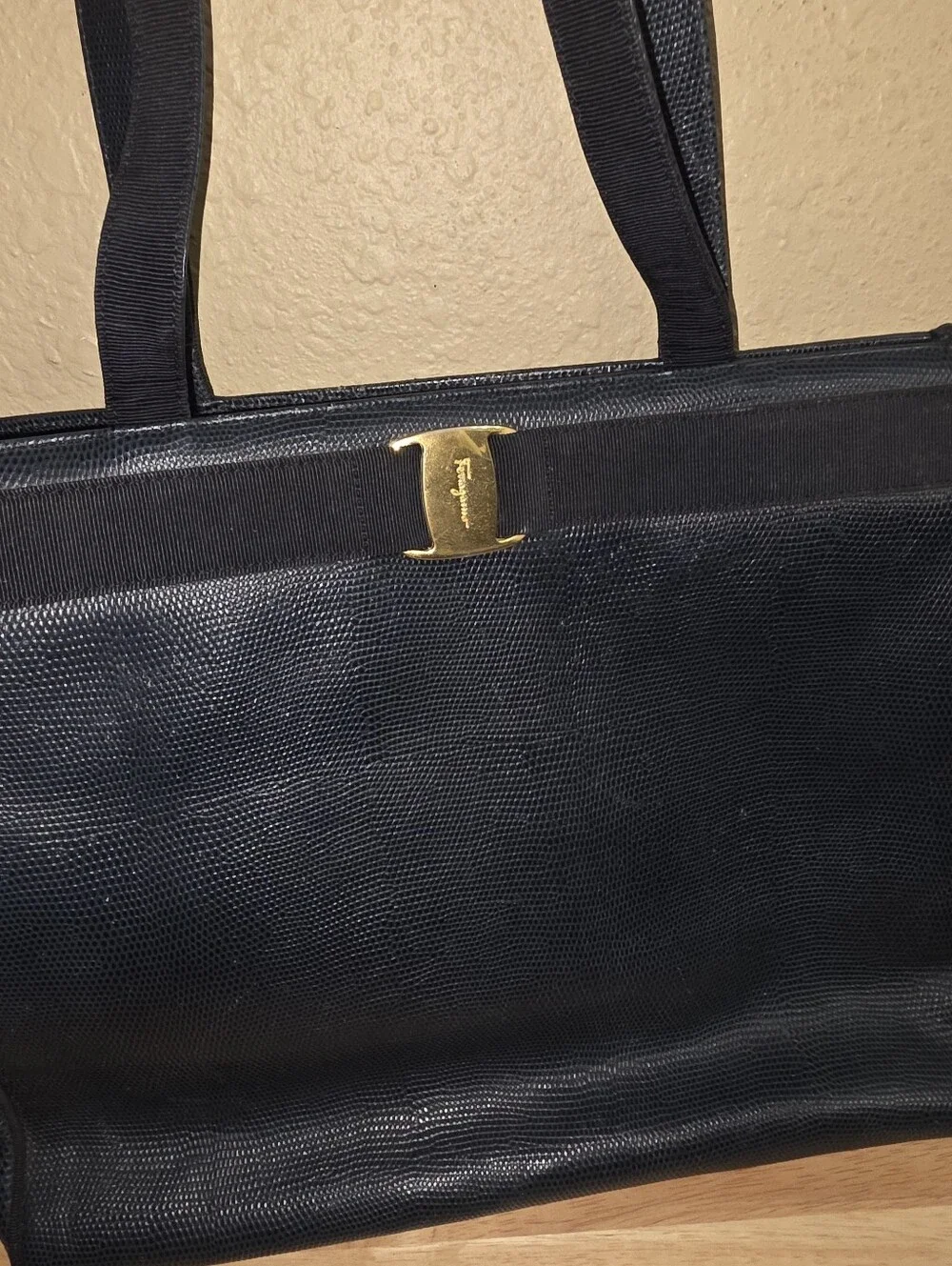 Vintage Salvatore Ferragamo Vara Tote Navy Lizard Embossed Leather